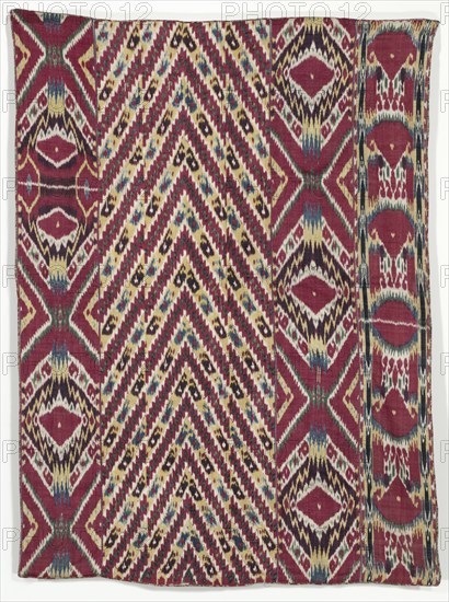 Silk Ikat Wall Hanging (#333), third quarter of the 1800s. Uzbekistan, Bukhara, third quarter of the 19th century. Warp ikat, warp-faced plain weave; silk warp; cotton weft; 5 panels./ lining: printed cotton, plain weave; 2 panels; overall: 192.4 x 144.2 cm (75 3/4 x 56 3/4 in.)