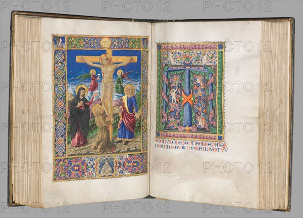 Missale: Fol. 185v: Crucifixion with borders  (full page), 1469. Bartolommeo Caporali (Italian, c. 1420-1503), assisted by Giapeco Caporali (Italian, d. 1478). Ink, tempera and burnished gold on vellum ; overall: 35 x 25 cm (13 3/4 x 9 13/16 in.)