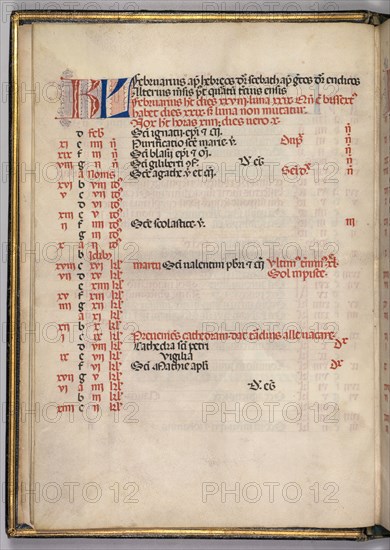 Missale: Fol. 3v: February Calendar Page, 1469. Bartolommeo Caporali (Italian, c. 1420-1503), assisted by Giapeco Caporali (Italian, d. 1478). Ink, tempera and burnished gold on vellum ; overall: 35 x 25 cm (13 3/4 x 9 13/16 in.)