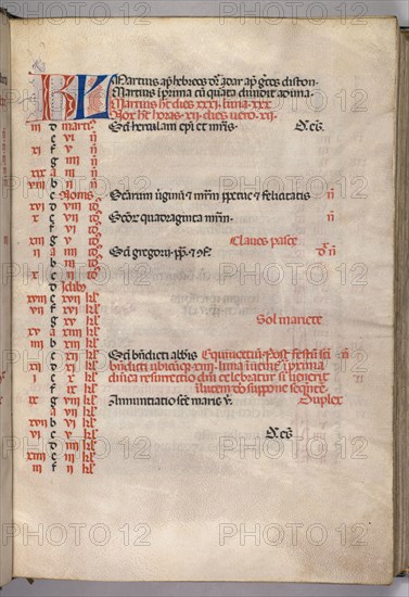 Missale: Fol. 4r: March Calendar Page, 1469. Bartolommeo Caporali (Italian, c. 1420-1503), assisted by Giapeco Caporali (Italian, d. 1478). Ink, tempera and burnished gold on vellum ; overall: 35 x 25 cm (13 3/4 x 9 13/16 in.).