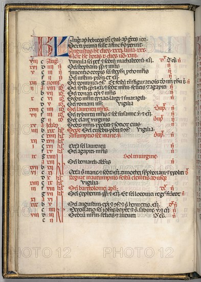 Missale: Fol. 6v: August Calendar Page, 1469. Bartolommeo Caporali (Italian, c. 1420-1503), assisted by Giapeco Caporali (Italian, d. 1478). Ink, tempera and burnished gold on vellum ; overall: 35 x 25 cm (13 3/4 x 9 13/16 in.).