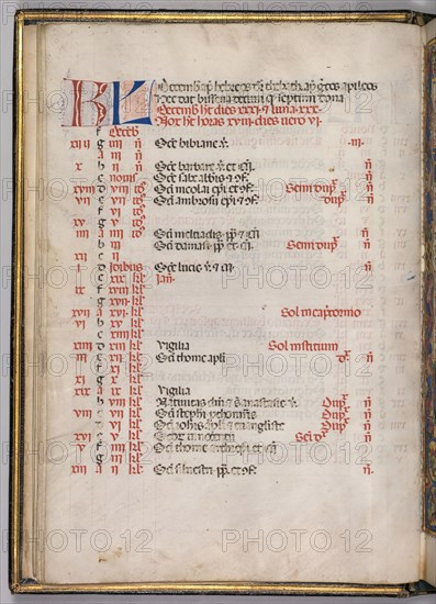 Missale: Fol. 8v: December Calendar Page, 1469. Bartolommeo Caporali (Italian, c. 1420-1503), assisted by Giapeco Caporali (Italian, d. 1478). Ink, tempera and burnished gold on vellum ; overall: 35 x 25 cm (13 3/4 x 9 13/16 in.)
