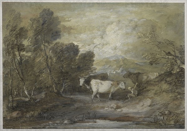 A Herdsman with Three Cows by an Upland Pool, mid 1780s. Thomas Gainsborough (British, 1727-1788). Watercolor, ink and oil paint heightened with white chalk ("Bristol lead white") on paper and varnished overall; sheet: 21.9 x 31.3 cm (8 5/8 x 12 5/16 in.).