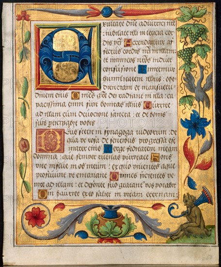 Leaf from a Psalter and Prayerbook: Initial E with Ornamental Border Containing a Seated Satyr and a Bird Eating Grapes (recto) and Ornamental Border with Flowers and Squirrel (verso) (2 of 3 Excised Leaves), c. 1524. North Germany, Hildesheim (?), 16th century. Ink, tempera and liquid gold on vellum; each leaf: 16.6 x 13.5 cm (6 9/16 x 5 5/16 in.)