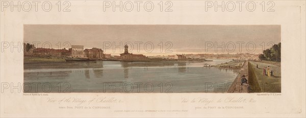 A Selection of Twenty of the Most Picturesque Views in Paris: View of the Village of Chaillot, &c Taken from Pont de la Concorde, 1803, printed 1810 or after. Thomas Girtin (British, 1775-1802), Frederick Christian Lewis (British, 1779-1856). Softground etching and aquatint printed in brown, hand-colored with watercolor; sheet: 45 x 64.3 cm (17 11/16 x 25 5/16 in.); platemark: 20.1 x 55.1 cm (7 15/16 x 21 11/16 in.).