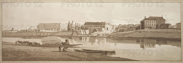 A Selection of Twenty of the Most Picturesque Views in Paris: View of the Palace & Village of Choisi on the Banks of the Seine, 1802. Thomas Girtin (British, 1775-1802), Frederick Christian Lewis (British, 1779-1856). Softground etching and aquatint printed in brown; sheet: 21.5 x 51.7 cm (8 7/16 x 20 3/8 in.); image: 15 x 46 cm (5 7/8 x 18 1/8 in.).