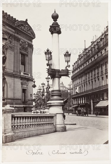 Opéra (Rostral Column), c. 1875. Charles Marville (French, 1816-1879). Albumen print from wet collodion negative; image: 37.7 x 26.7 cm (14 13/16 x 10 1/2 in.); mounted: 35.4 x 26.7 cm (13 15/16 x 10 1/2 in.); matted: 71.1 x 55.9 cm (28 x 22 in.)