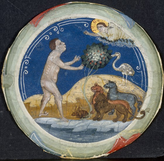 Medallion from the Border of a Latin Bible: The Sixth Day of Creation, early 1300s. Primo Miniatore di San Domenico (Italian). Tempera on vellum; sheet: 7 cm (2 3/4 in.)