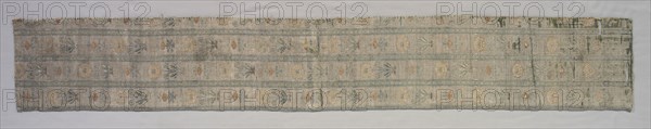 Surround for Turkish Silk Cushion Cover, early 1600s. Iran, Safavid period, late 17th - 18th c.. Plain weave with inner warps and with continuous and discontinuous supplementary wefts bound in plain and 1/3 Z twill order; silk, silver-metal thread; overall: 140.3 x 21 cm (55 1/4 x 8 1/4 in.).