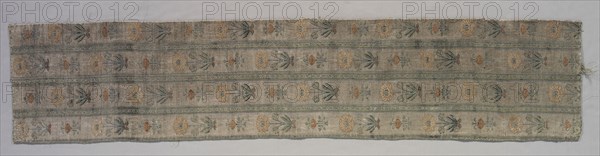 Surround for Turkish Silk Cushion Cover, early 1600s. Iran, Safavid period, late 17th - 18th c.. Plain weave with inner warps and with continuous and discontinuous supplementary wefts bound in plain and 1/3 Z twill order; silk, silver-metal thread; overall: 109 x 23.3 cm (42 15/16 x 9 3/16 in.)