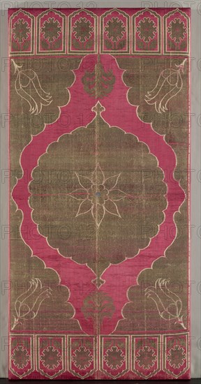 Brocaded Silk Cushion Cover & Iranian Striped Silk Surround, early 1600s. Turkey, Bursa or Istanbul, Ottoman period. Silk, gilt-metal thread; lampas weave; overall: 141 x 68.4 cm (55 1/2 x 26 15/16 in.)