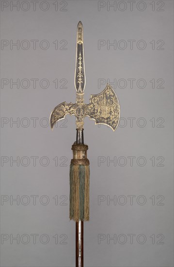 Parade Halberd (from the bodyguard of Ludwig Rudolf, Duke of Brunswick- Wolfenbüttel [1671-1735]), 1717. Germany, 18th century. Blued, etched and gilded steel, wooden haft with orginal steel base spike, silk tassel with alternating blue and gold bands; overall: 276.9 cm (109 in.)