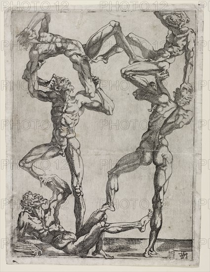 Pyramid of Five Men, c. 1543. Juste de Juste (French, 1505-1559). Etching; sheet: 29 x 21.7 cm (11 7/16 x 8 9/16 in.); platemark: 27.8 x 20.7 cm (10 15/16 x 8 1/8 in.)