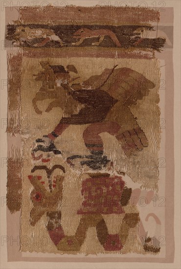 Textile Fragment, c. 50-650. Peru, Moche, north coast, 1st-7th century. Cotton and camelid fiber; overall: 40 x 25.4 cm (15 3/4 x 10 in.); mounted: 60.6 x 41.6 cm (23 7/8 x 16 3/8 in.)