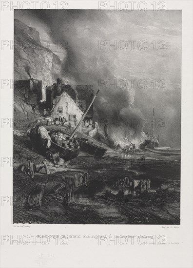 Six Marines: Refitting of a Boat at Low Tide, 1833. Eugène Isabey (French, 1803-1886), Morlot, Paris and McLean. Lithograph on chine collé; sheet: 55.9 x 36.4 cm (22 x 14 5/16 in.); platemark: 31.5 x 24.8 cm (12 3/8 x 9 3/4 in.)