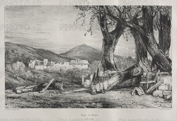 Plate 79 from Voyages Pittoresques...Auvergne vol. 1: Picturesque and Romantic Journeys in Old France: Auvergne (vol. II), Gorge of Royat, Plate 79 , 1830. Eugène Isabey (French, 1803-1886). Lithograph on chine collé; sheet: 35 x 53.8 cm (13 3/4 x 21 3/16 in.); platemark: 21 x 31 cm (8 1/4 x 12 3/16 in.).