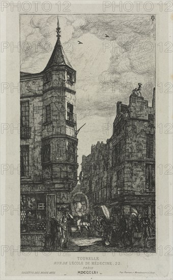 Gazette des Beaux-Arts XIV: House with a Turret, No. 22, rue de L'Ecole de Médecine, Paris, (called the Turret of Marat), 1861. Charles Meryon (French, 1821-1868). Etching and drypoint on chine collé; sheet: 26.4 x 16.7 cm (10 3/8 x 6 9/16 in.); platemark: 21.4 x 13.2 cm (8 7/16 x 5 3/16 in.)