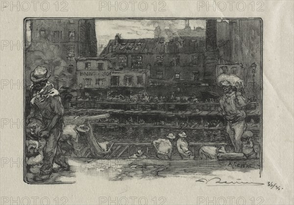 La Revue Illustrée: Unloaders of Plaster (Canal St. Martin), 1890. Auguste Louis Lepère (French, 1849-1918). Wood engraving; sheet: 15 x 21.2 cm (5 7/8 x 8 3/8 in.); platemark: 7.8 x 11.2 cm (3 1/16 x 4 7/16 in.)