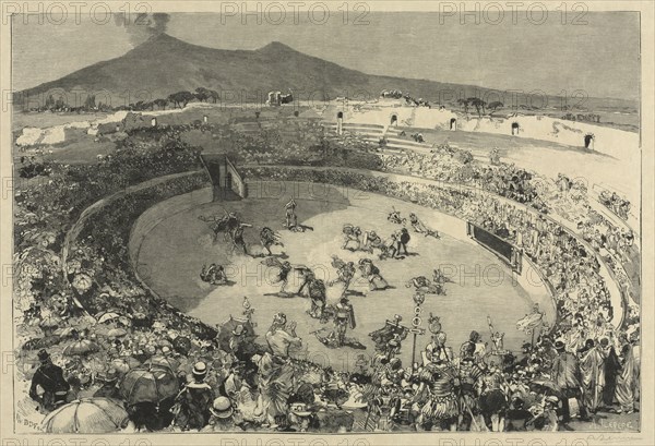 Le Monde Illustré, May 24, 1884.  Engraved with the collaboration of B.D.V. (Tony Beltrand, Dèté, and Florian: Italy. The Festival of Pompei, The circus of gladiators, 1884. Auguste Louis Lepère (French, 1849-1918). Wood engraving; sheet: 32.2 x 46.7 cm (12 11/16 x 18 3/8 in.); platemark: 21 x 31.5 cm (8 1/4 x 12 3/8 in.)