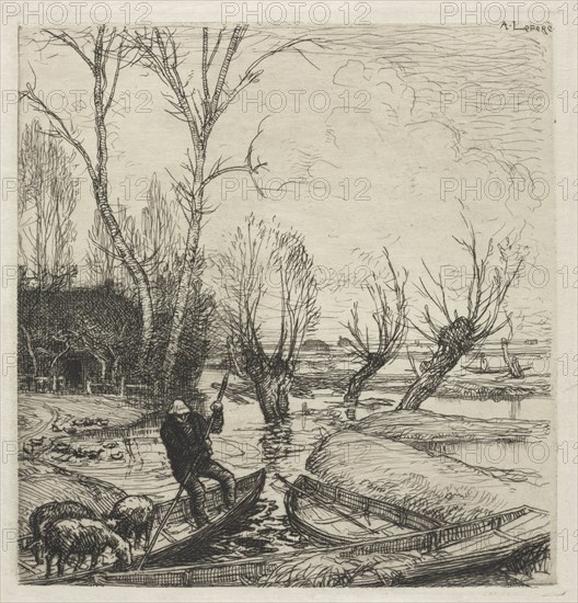 [Man in a Boat with Three Sheep]. Auguste Louis Lepère (French, 1849-1918). Etching; sheet: 32 x 24.5 cm (12 5/8 x 9 5/8 in.); platemark: 18.6 x 17.8 cm (7 5/16 x 7 in.)