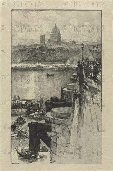 [Fishermen on  a Pier, Paris]. Auguste Louis Lepère (French, 1849-1918). Wood engraving; sheet: 22.5 x 14.8 cm (8 7/8 x 5 13/16 in.); platemark: 20.1 x 11.9 cm (7 15/16 x 4 11/16 in.)