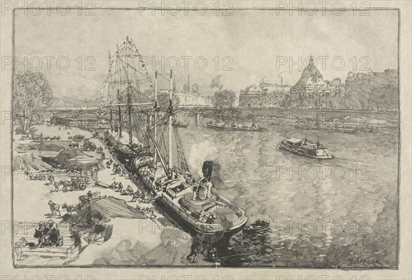 [Large Steamer Ship at Dock, Paris]. Auguste Louis Lepère (French, 1849-1918). Wood engraving; sheet: 29.4 x 43 cm (11 9/16 x 16 15/16 in.); platemark: 22.6 x 32.2 cm (8 7/8 x 12 11/16 in.)