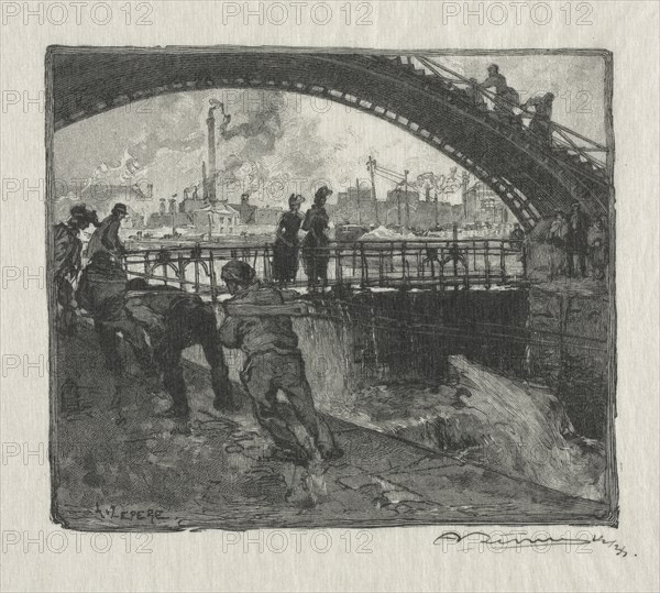 published in Harper's magazine: The Lock of the St. Martin Canal, 1890. Auguste Louis Lepère (French, 1849-1918). Wood engraving; sheet: 23.9 x 20.1 cm (9 7/16 x 7 15/16 in.); platemark: 8.8 x 10.3 cm (3 7/16 x 4 1/16 in.)