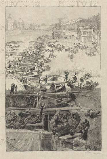 published in Le Monde Illustré, 1883: Arrival of Potatoes at the Hotel de Ville, 1883. Auguste Louis Lepère (French, 1849-1918), and Henri Pierre Paillard (French, 1844-1912). Wood engraving; sheet: 46.8 x 32.5 cm (18 7/16 x 12 13/16 in.); platemark: 32 x 21.3 cm (12 5/8 x 8 3/8 in.)