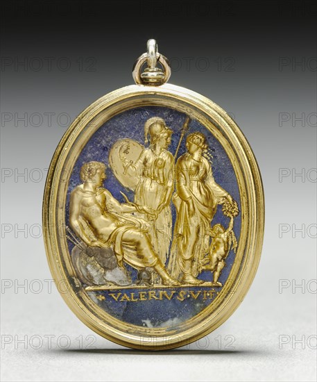 Mars, Minerva, Venus, and Cupid, early 1500s. Valerio Belli (Italian, c. 1468-1546). Rock crystal intaglio, gilded from reverse with gold and silver, backed with lapis lazuli, mounted in a gold pendant; overall: 6 cm (2 3/8 in.).