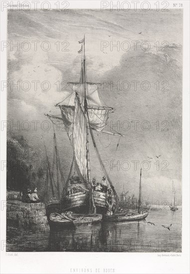 Souvenirs d' Artistes (No. 78): Six Marines: Environs de Rouen, 1832. Paul Hüet (French, 1803-1869). Lithograph on chine collé; sheet: 44.8 x 31.3 cm (17 5/8 x 12 5/16 in.); image: 22.7 x 16.4 cm (8 15/16 x 6 7/16 in.)