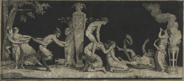 Bacchanal, The Game of Leap Frog, c. 1785. Laurent Guyot (French, 1756-), after wax relief by Antoine-François Gérard (French, 1760-1843), Jean Guillaume Moitte (French, 1746-1810). Etching and aquatint on silk; image: 17 x 39.4 cm (6 11/16 x 15 1/2 in.); mounted: 20.3 x 45.1 cm (8 x 17 3/4 in.)