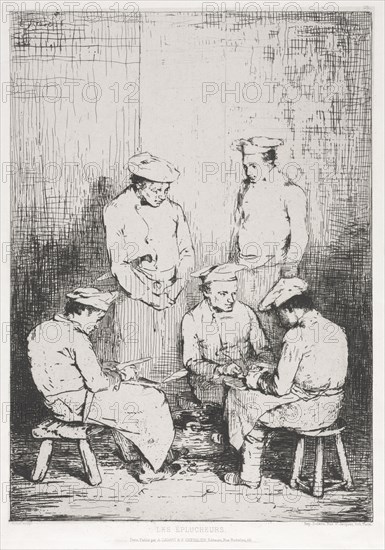 The Potato Peelers. Théodule Ribot (French, 1823-1891), A. Cadart & F. Chevalier, rue Richelieu, 66. Etching on chine collé; sheet: 43.5 x 29.3 cm (17 1/8 x 11 9/16 in.); platemark: 31.8 x 24 cm (12 1/2 x 9 7/16 in.)