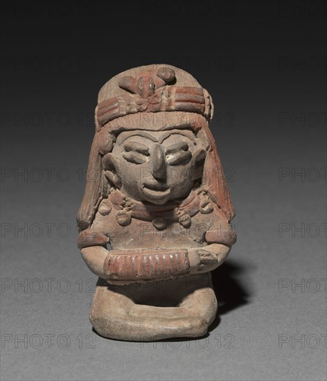 Seated Figurine Wearing a Bracelet, 300 B.C. to A.D. 300. West Mexico, Michoacán or Guanajuato state, Chupícuaro culture, 300 B.C-A.D. 300. Ceramic and pigment; overall: 7.2 x 4.4 cm (2 13/16 x 1 3/4 in.)