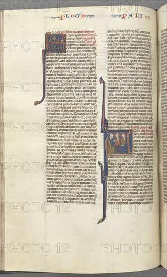 Fol. 148v, Chronicles I, historiated initial A, three descendants of Adam, c. 1275-1300. Southern France, Toulouse(?), 13th century. Bound illuminated manuscript in Latin; brown morocco binding; ink, tempera and gold on vellum; 533 leaves