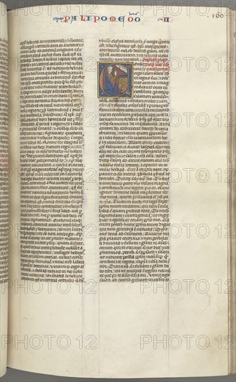 Fol. 160r, Chronicles II, historiated initial C, Solomon kneeling before an altar praying, a bust of God above, c. 1275-1300. Southern France, Toulouse(?), 13th century. Bound illuminated manuscript in Latin; brown morocco binding; ink, tempera and gold on vellum; 533 leaves