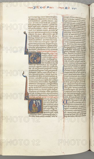 Fol. 358v, Micah, historiated initial V, Micah kneeling, bust of God above, c. 1275-1300. Southern France, Toulouse(?), 13th century. Bound illuminated manuscript in Latin; brown morocco binding; ink, tempera and gold on vellum; 533 leaves