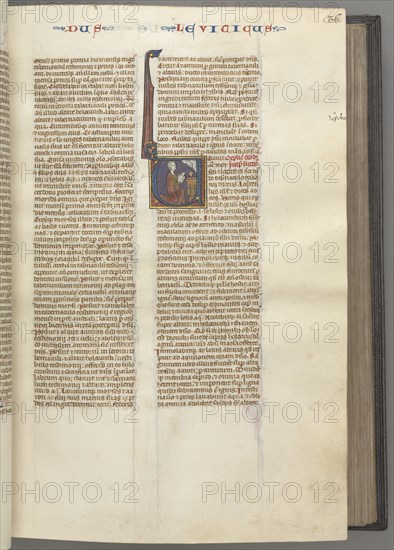 Fol. 36r, Leviticus, historiated initial V, Moses offering a sacrificial lamb on an altar, c. 1275-1300. Southern France, Toulouse(?), 13th century. Bound illuminated manuscript in Latin; brown morocco binding; ink, tempera and gold on vellum; 533 leaves
