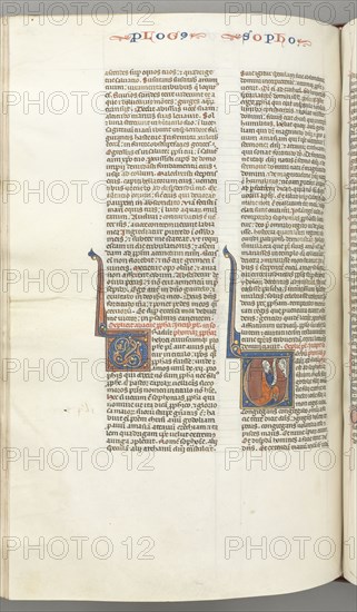 Fol. 362v, Zephaniah, historiated initial V, Zephaniah kneeling with a scroll, bust of God above, c. 1275-1300. Southern France, Toulouse(?), 13th century. Bound illuminated manuscript in Latin; brown morocco binding; ink, tempera and gold on vellum; 533 leaves