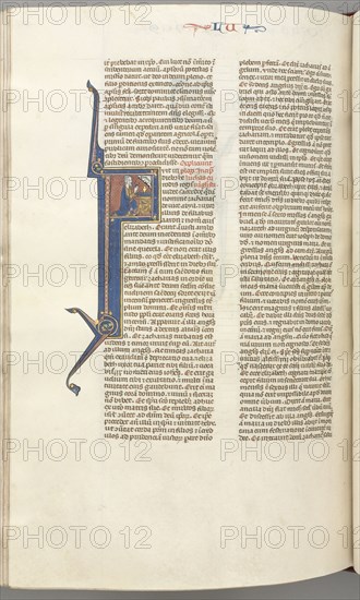 Fol. 412v, Luke, historiated initial F, Luke praying at an altar, bust of God above, c. 1275-1300. Southern France, Toulouse(?), 13th century. Bound illuminated manuscript in Latin; brown morocco binding; ink, tempera and gold on vellum; 533 leaves