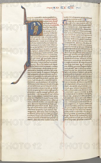 Fol. 457v, Timothy II, historiated initial P, Paul talking to the bust of God above, c. 1275-1300. Southern France, Toulouse(?), 13th century. Bound illuminated manuscript in Latin; brown morocco binding; ink, tempera and gold on vellum; 533 leaves