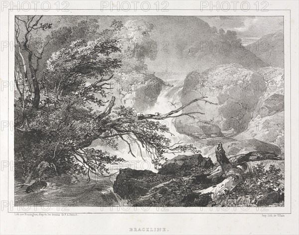 Picturesque Views of Scotland: Brackline, 1826. Richard Parkes Bonington (British, 1802-1828), after François Alexandre Pernot (French, 1793-1865). Lithograph; sheet: 25.5 x 34.2 cm (10 1/16 x 13 7/16 in.); image: 16 x 22.6 cm (6 5/16 x 8 7/8 in.); with black border: 17 x 23.7 cm (6 11/16 x 9 5/16 in.)