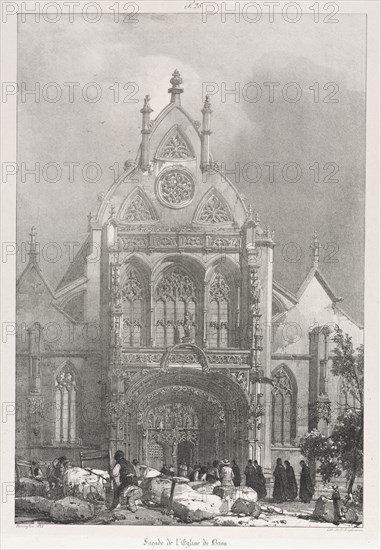 Picturesque and Romantic Trips in Old France, Franche-Compté: Front of the Church at Brou, 1825. Richard Parkes Bonington (British, 1802-1828), after François Alexandre Pernot (French, 1793-1865). Lithograph on chine collé; sheet: 51.7 x 34.2 cm (20 3/8 x 13 7/16 in.); image: 34 x 23.2 cm (13 3/8 x 9 1/8 in.)