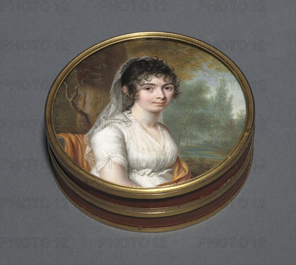 Portrait of a Lady in a White Dress Seated in a Landscape, 1803. Pierre Louis Bouvier (Swiss, 1765-1836). Watercolor on ivory on poude d'écaille presentation box lined in tortoise-shell and secured with gilt metal rings; diameter: 7.8 cm (3 1/16 in.); box: 7.8 x 2.6 cm (3 1/16 x 1 in.); diameter of frame: 8.2 cm (3 1/4 in.).