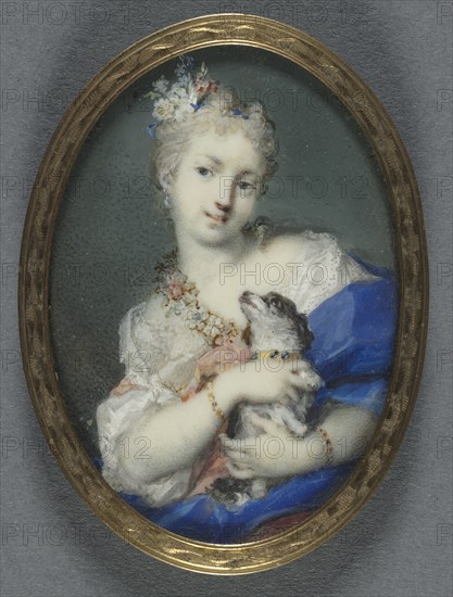 Woman with a Dog, 1710-1720. Rosalba Carriera (Italian, 1675-1757). Watercolor on ivory in a gilt metal mount with a saw-tooth enclosure at the back; framed: 7.5 x 5.5 cm (2 15/16 x 2 3/16 in.).