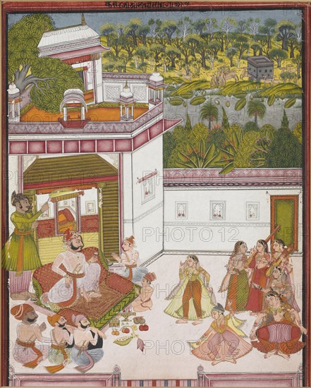 Maharaja of Kotah Listening to Music and Watching Dancers, c. 1820. India, Kotah school, early 19th Century. Opaque watercolors and ink on paper; image: 33.3 x 25.3 cm (13 1/8 x 9 15/16 in.); paper: 35.4 x 27.2 cm (13 15/16 x 10 11/16 in.).
