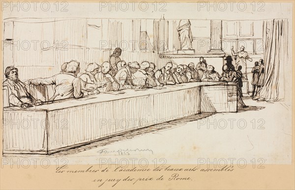 The Members of the Academy of Beaux-Arts Assembled to Jury the Rome Prize, 1841 or 1842. Paul Delaroche (French, 1797-1856). Pen and brown ink; sheet: 16.4 x 29.2 cm (6 7/16 x 11 1/2 in.); secondary support: 28.4 x 42.9 cm (11 3/16 x 16 7/8 in.).