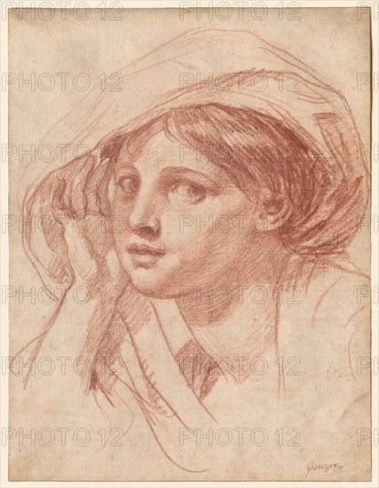 Head of a Young Woman, c. 1785. Jean-Baptiste Greuze (French, 1725-1805). Red chalk on white laid paper pasted down on heavy-weight gray paper; sheet: 41 x 31.5 cm (16 1/8 x 12 3/8 in.).