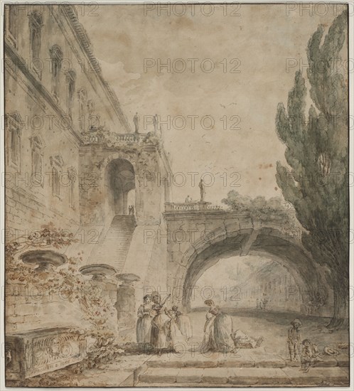 A Palace with an Arched Bridge (A Roman Villa), 1760. Hubert Robert (French, 1733-1808). Pen and brown and gray ink, graphite, and watercolor; sheet: 30.9 x 27.8 cm (12 3/16 x 10 15/16 in.).