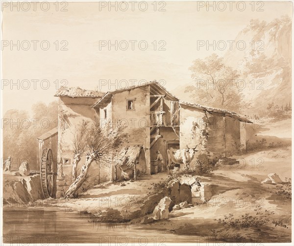 Landscape with Watermill, c, 1790. Jean Jacques de Boissieu (French, 1736-1810). Brown ink wash and point of brush with graphite underdrawing on cream wove paper; overall: 20.3 x 24.1 cm (8 x 9 1/2 in.).