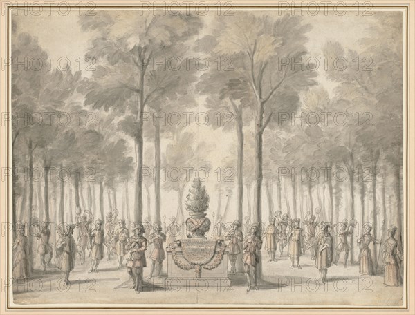 Design for the Divertissement from "La Pastorale" (First Entrée of the opera-ballet "Les Muses" by Danchet and Campra"), 1703. Jean I Bérain (French, 1640-1711). Pen and black ink and brush and gray wash with red, blue, and yellow wash, with graphite; sheet: 35.1 x 46.3 cm (13 13/16 x 18 1/4 in.).
